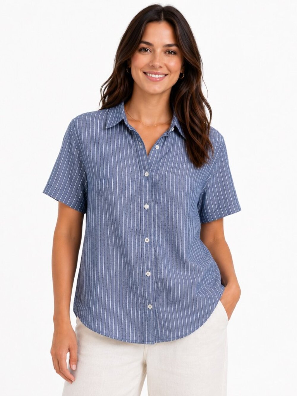 Quince Women's Large Blue Pinstripe 100% Linen Short Sleeve Button Up Shirt
